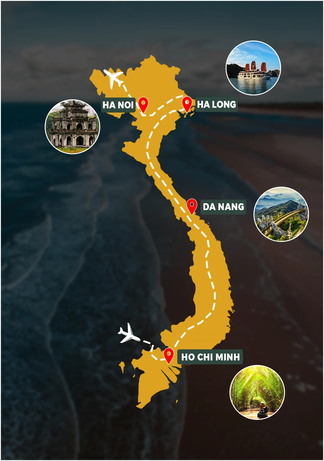 Best of Vietnam 7 Days route map: Ho Chi Minh City – Da Nang – Hanoi – Ha Long Bay