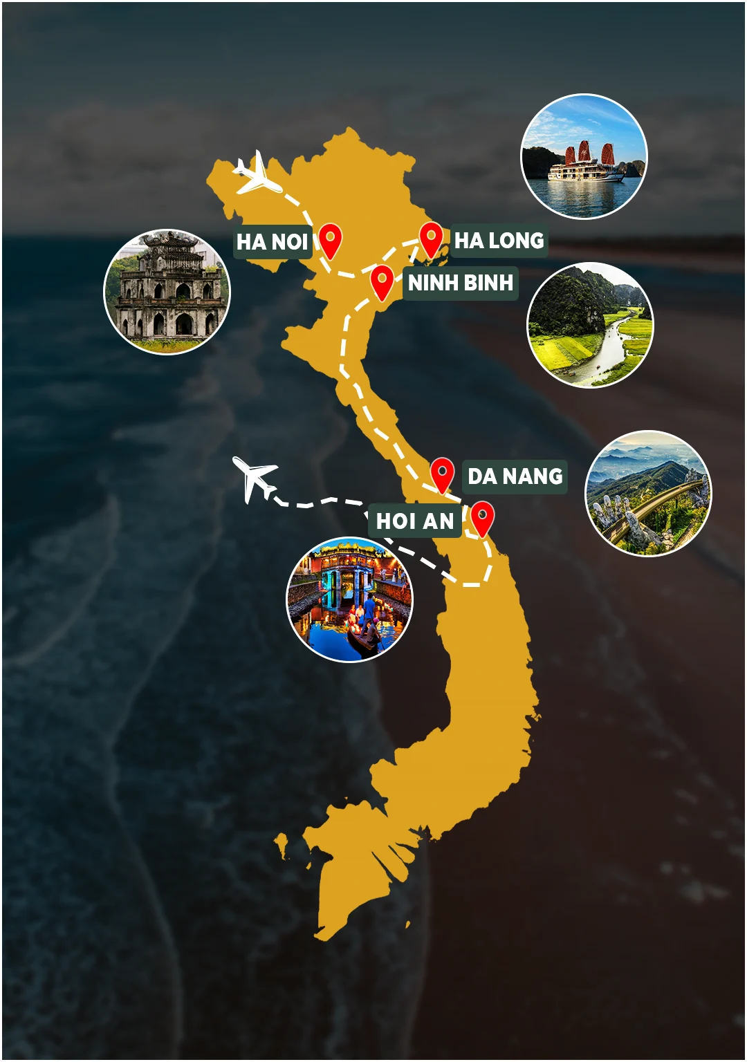 Northern Vietnam Signature route map: Hanoi – Ninh Binh – Ha Long – Da Nang – Hoi An